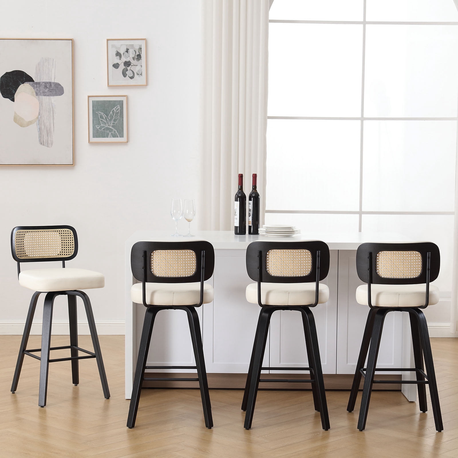 Swivel Counter Height Bar Stools, Set of 4, 29" Seat Height Upholstered PU Leather Barstools with Rattan Back Wood Legs for Home Kitchen Island, Cream White