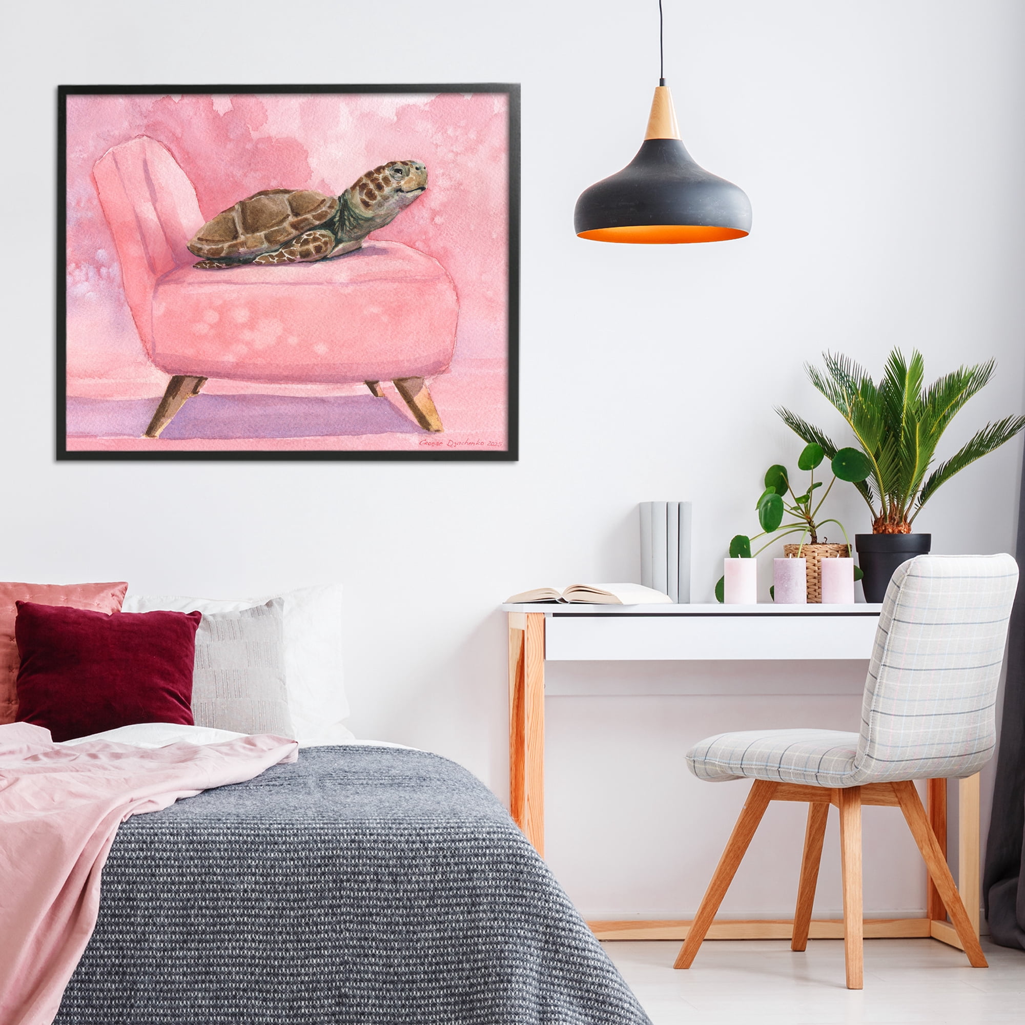Stupell Industries Happy Turtle on Pink Chair Black Framed Giclee Art, design by George Dyachenko