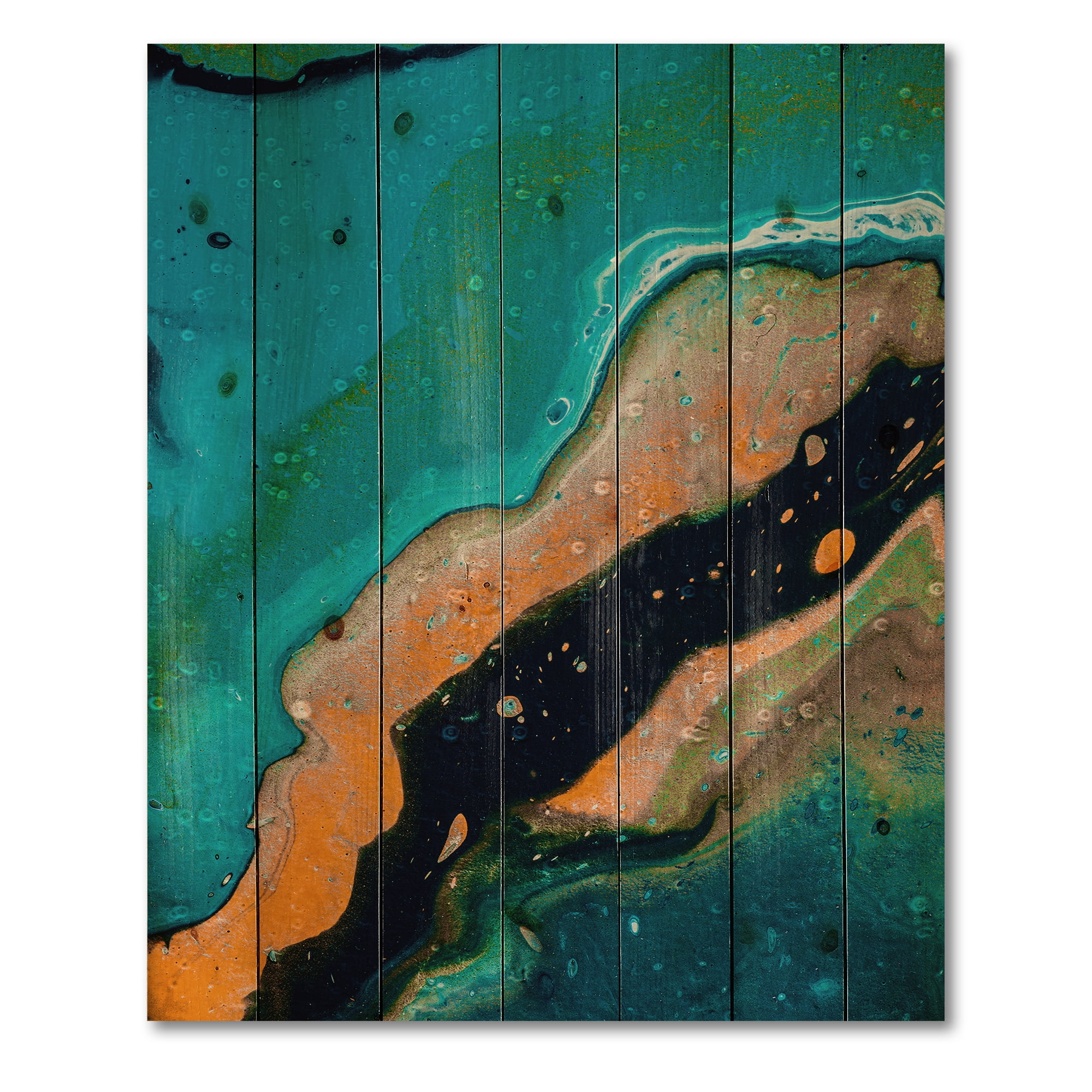 Designart 'Abstract Marble Composition In Orange and Blue II' Modern Print on Natural Pine Wood