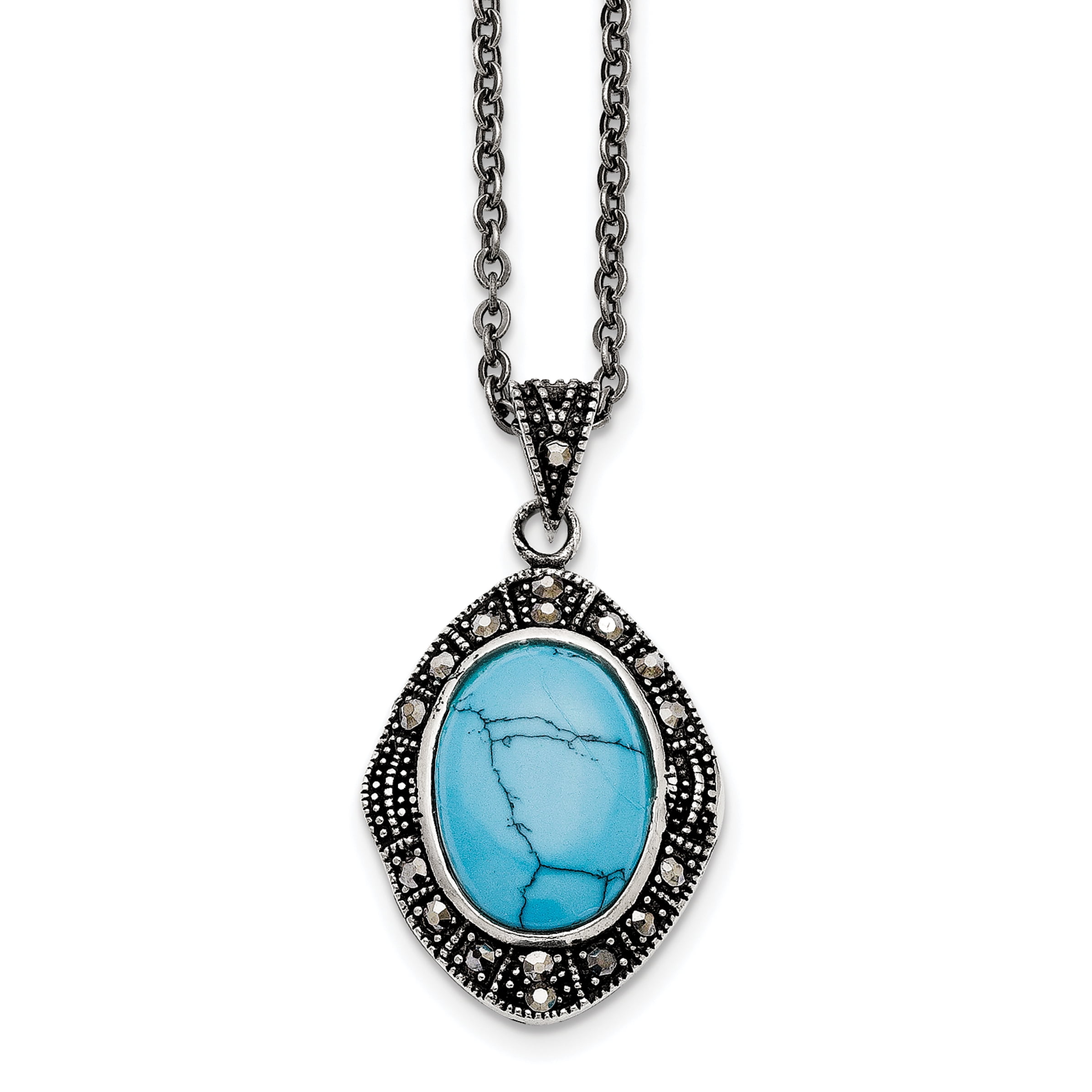 Stainless Steel 18in Synthetic Turquoise/Marcasite Antiqued Necklace