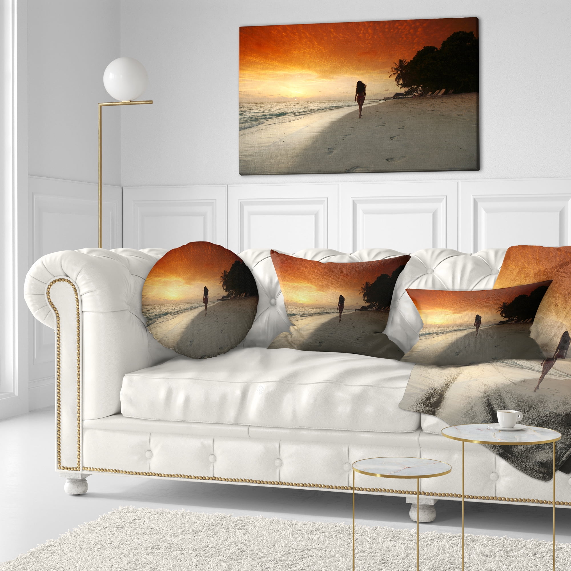 Designart Woman Walking on Beach - Seashore Photo Throw Pillow - 12x20