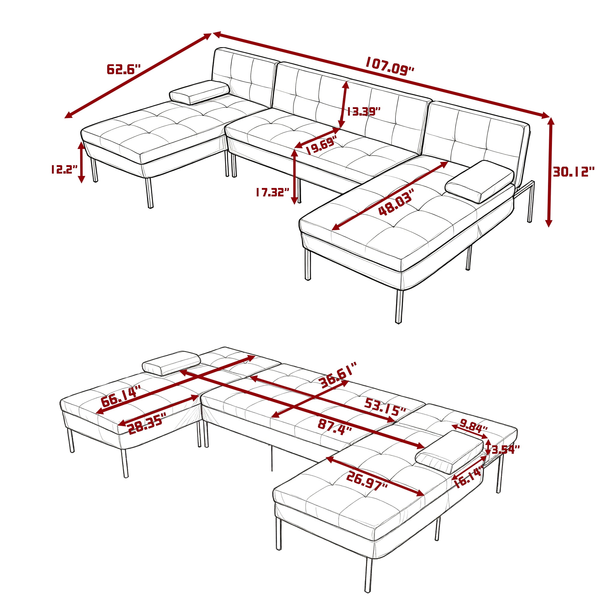 Gewnee 107.09"U-Shape Sectional Sofa,Chenille Couch,4 Seats Lounge Sleeper with Double Chaise for Living Room,Dark Blue