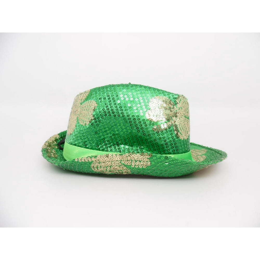 St. Patrick's Day Sequined Green & Gold Sparkly Shamrock Fedora Hat One ...