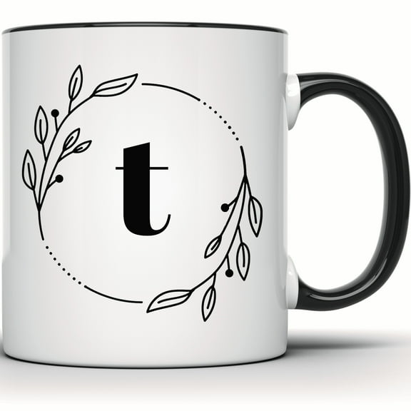 Initial T Mug - Floral Wreath, Custom Letter, Personalized Monogram, Coffee & Tea Gift for Her - 11 Ounce Black Rim Handle Novelty Coffee Cup - WMUG0396-Black Rim