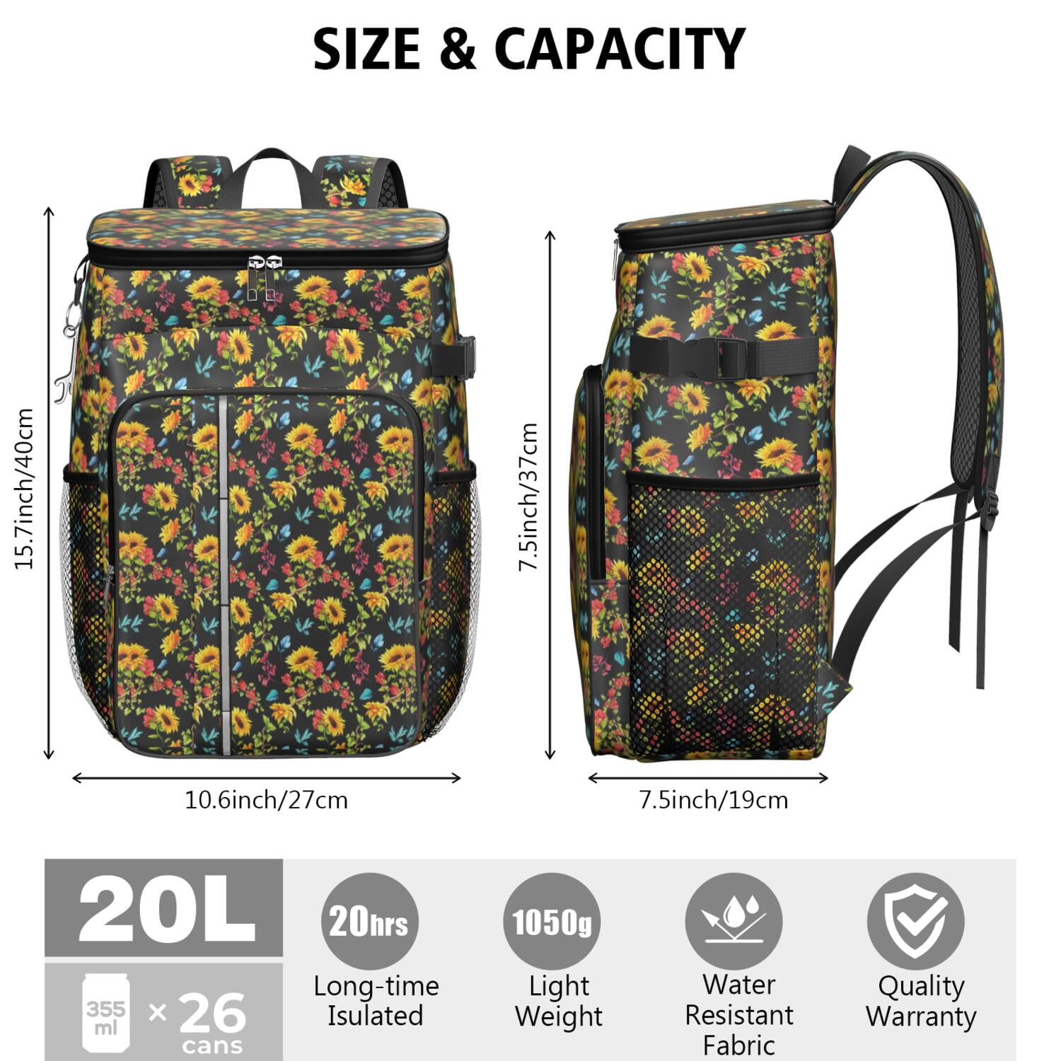 Travel Cooler Bag - Black Sunflower Camping Beer Cooler Backpack with Bottle Opener- Waterproof Insulated Picnic Backpacks - Cooler Bag for Beach