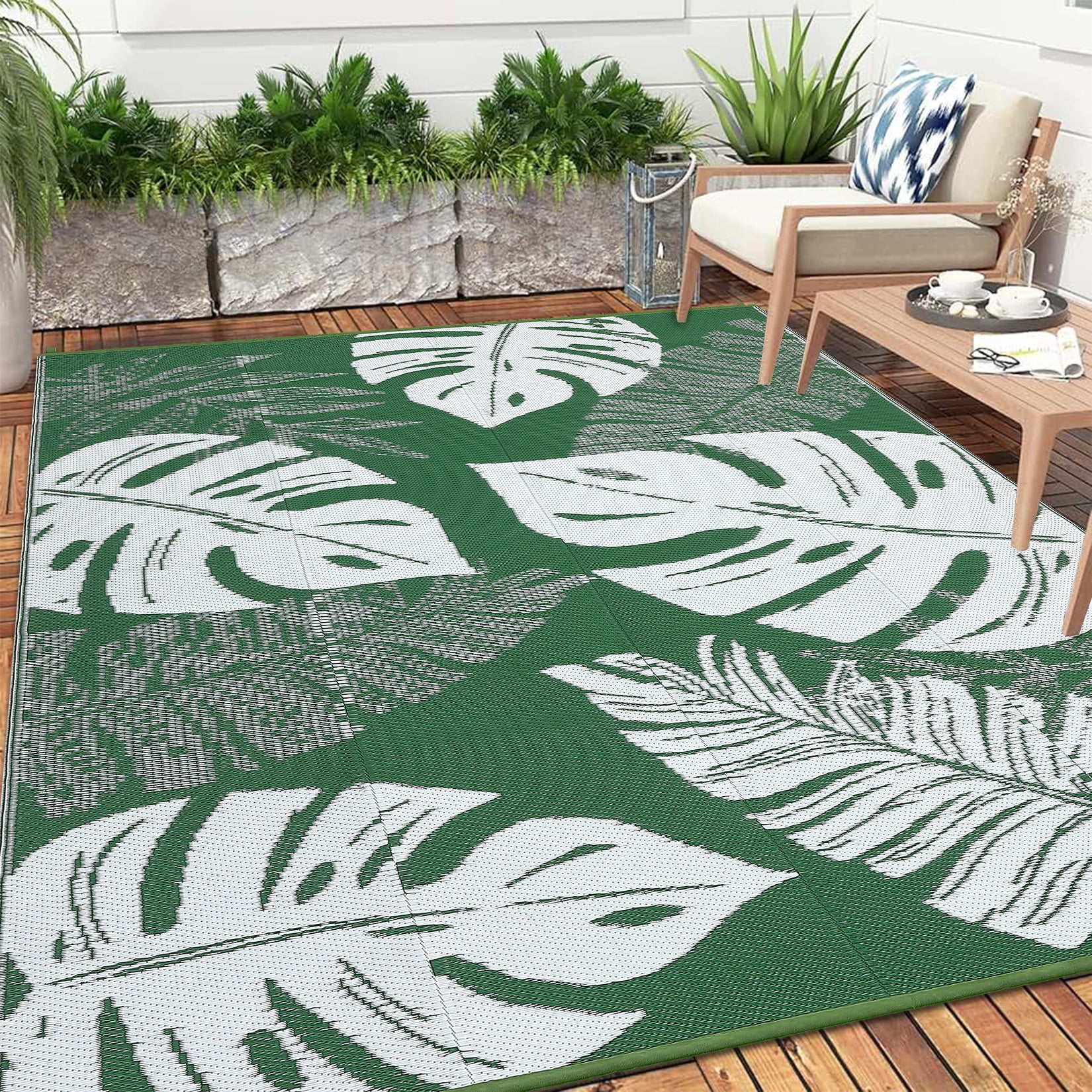 Ataucjin Large Outdoor Rug,8*12ft Waterproof Plastic Straw Rug, Modern Tropics Palm Leaves Camping Rug for Patio, Reversible Mat for Outside Patio RV Porch Deck Balcony