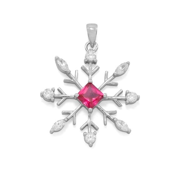 Snowflake Pendant with red and Clear Cubic Zirconia Rhodium on Silver
