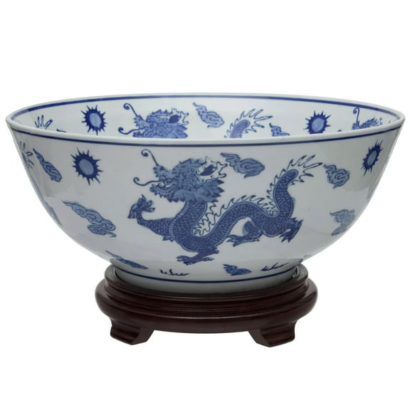 14" Dragon Blue & White Porcelain Bowl