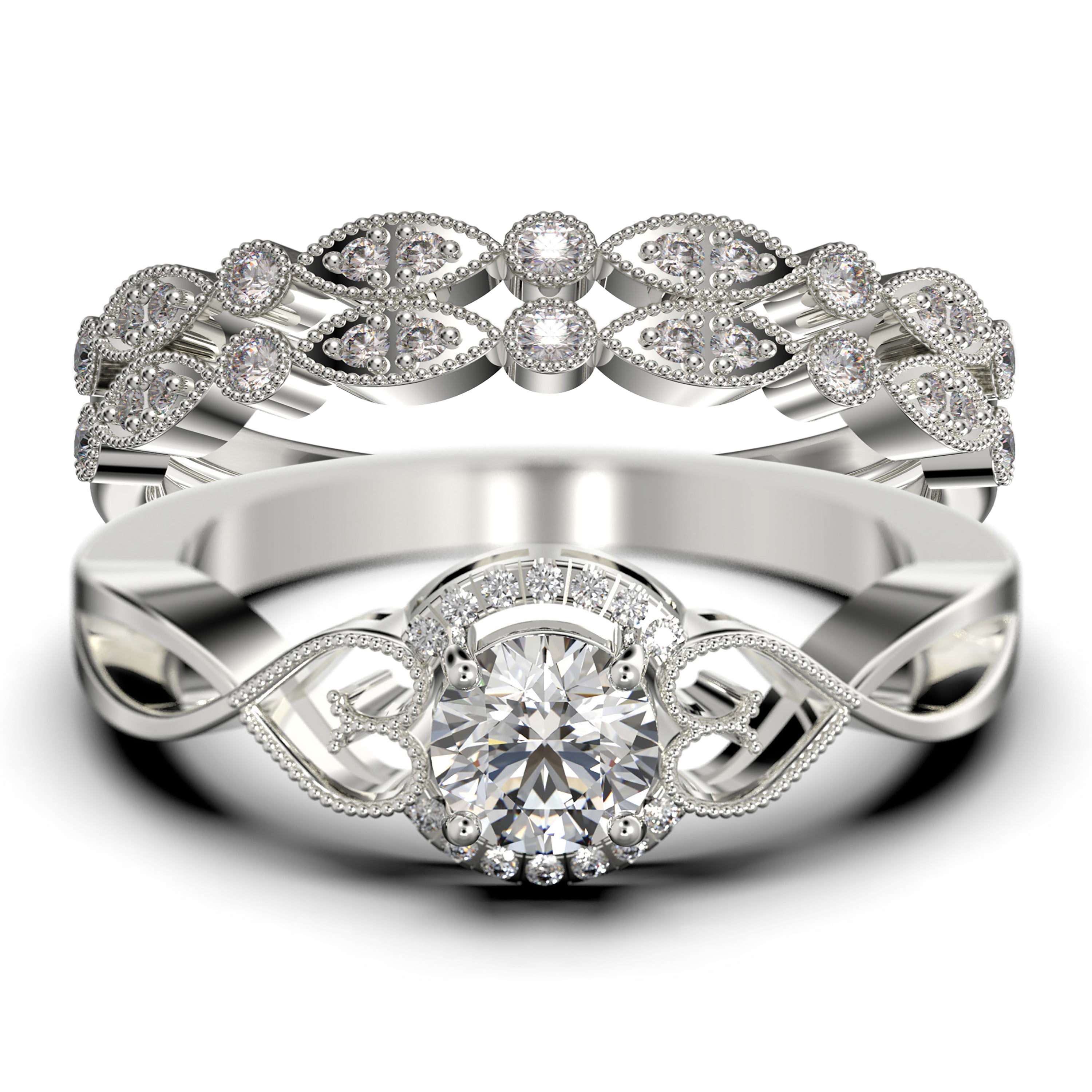 Engagement Diamond Ring Set  Round Diamond With Cushion Shape Halo Ring Set  Birthday Gift  Valentine Ring For Her  Promise RIng Set