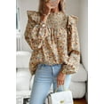 thumbnail image 3 of Floral Print Ruffle Shirred Neck Long Sleeve Blouse for Women Beige Small, 3 of 5