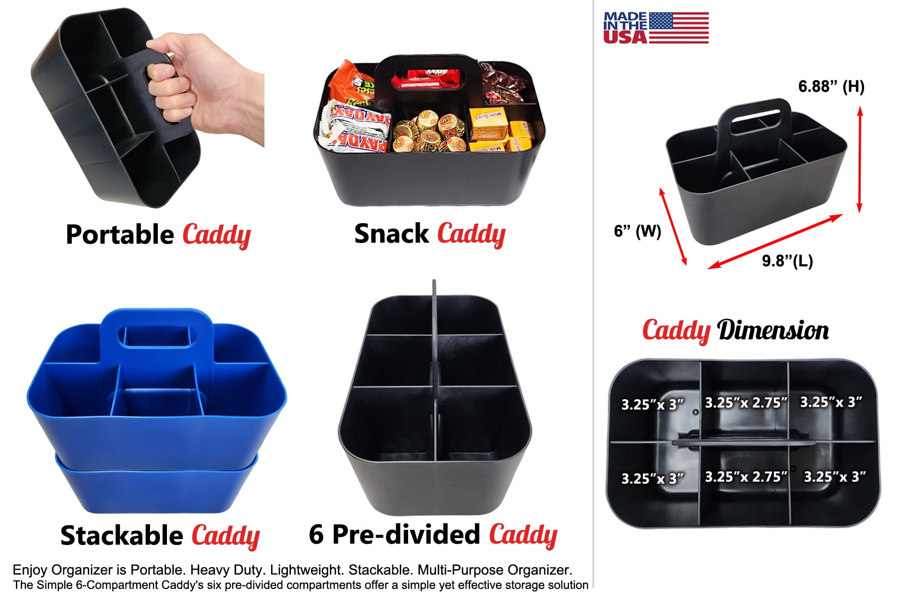 Enjoy Organizer - Small Stackable Plastic Caddy with Handle 6 Compartment | Desk, Makeup, Dorm Caddy, Classroom Art Organizers - 4 Pack, Made In USA (Blue)