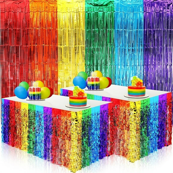 Rainbow Metallic Foil Fringe Table Skirt,Tutuviw 2 Pcs Fiesta Wavy Foil Fringe Curtains,Wavy Metallic Tinsel Fringe Streamer for Holiday Engagement Bridal Shower Party Decorations (29x108 Inch)