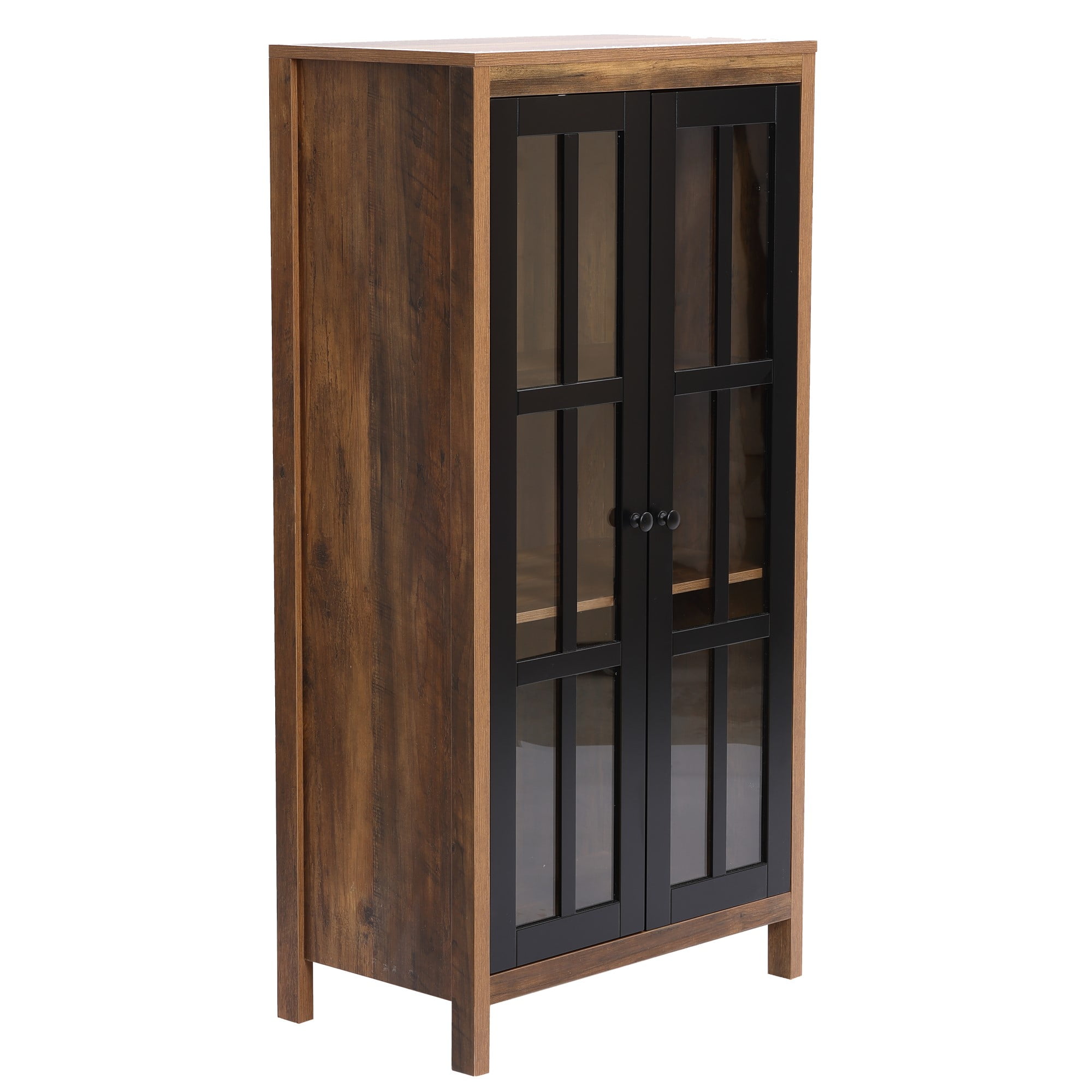 LuxenHome 47.2" Farmhouse Storage Cabinet with Glass Doors, Tall Pantry Cabinet, Glass Display Cabinet