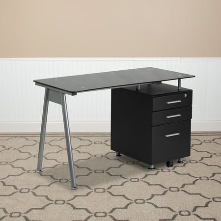 UPC: 0889142003571 | Flash Furniture Black Glass Computer Desk with Three Drawer Pedestal