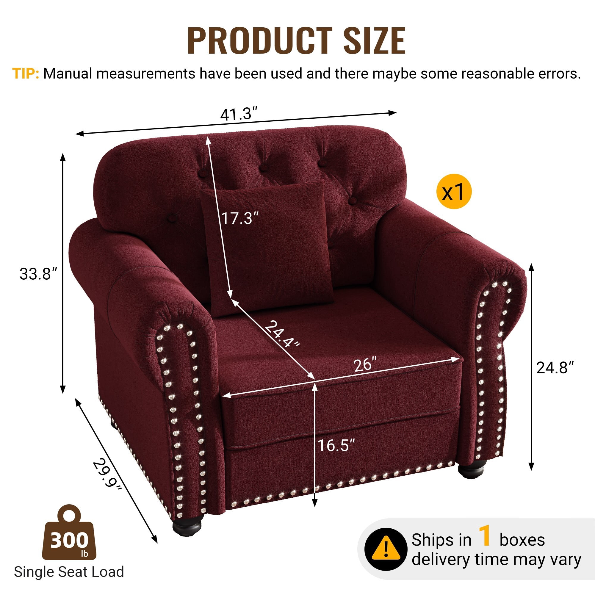 AENKYO 41.3" Chesterfield Velvet Accent Chair, Tufted Single Sofa with Nailhead Trim and Rolled Arms, Burgundy
