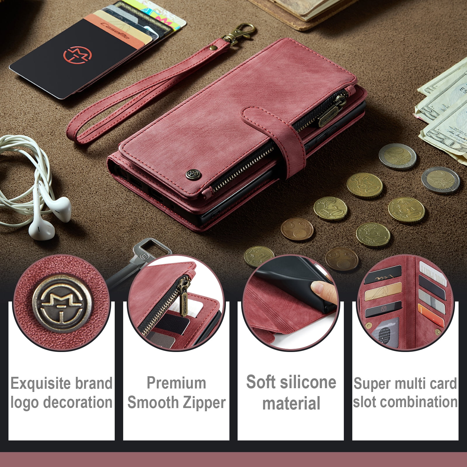 Dteck Wallet Case for Samsung Galaxy S25 Ultra,Magnetic Retro Leather Case Flip Folio Zipper Purse with Card Holder Slot Kickstand Shockproof Phone Cover for Samsung Galaxy S25 Ultra 5G,Red