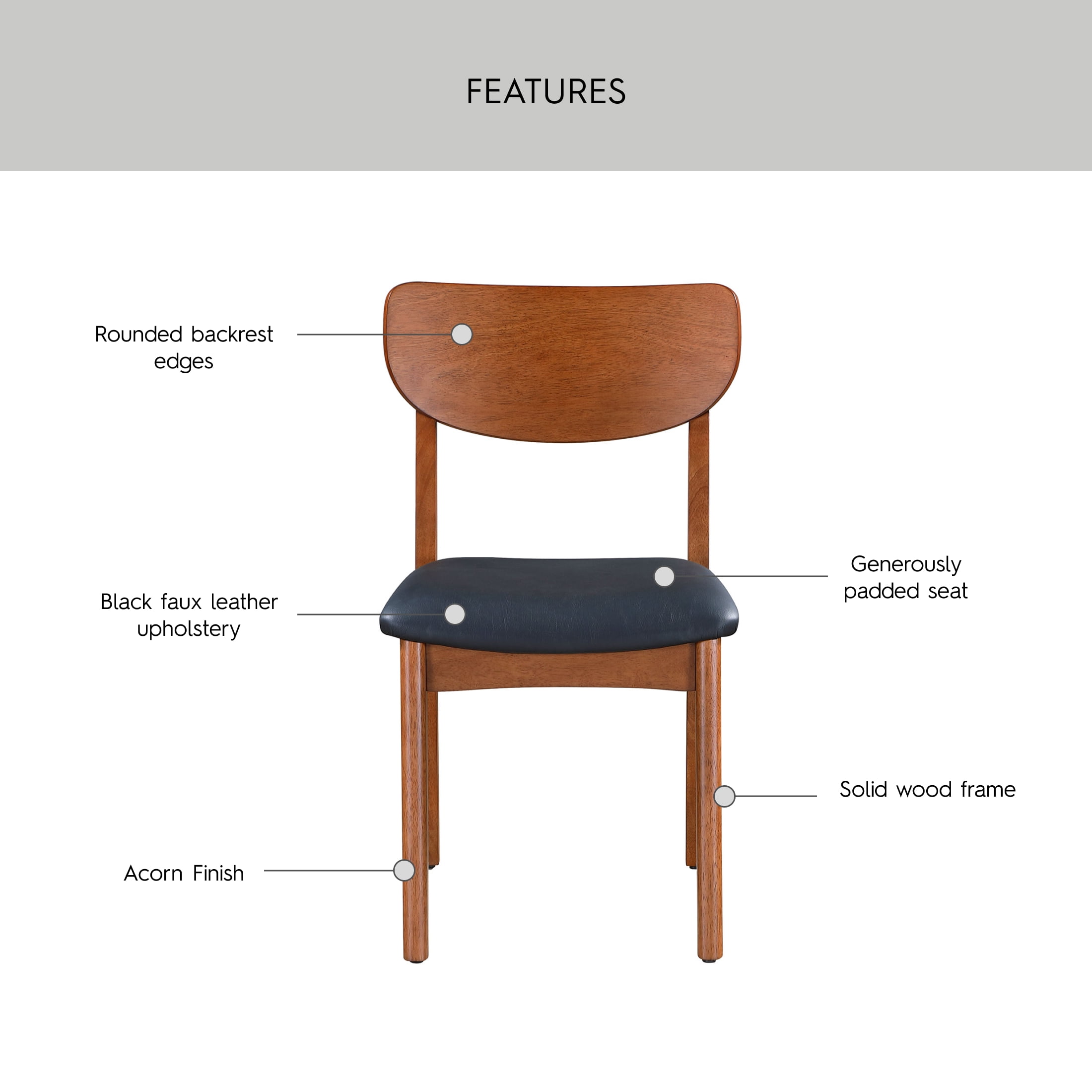 Better Homes & Gardens Greyson Mid-Century Dining Chairs, Black Faux Leather, Acorn Finish, Set of 2