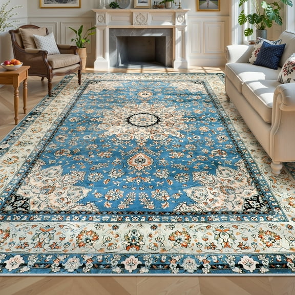 Wonnitar 9'x12' Oriental Floral Medallion Area Rug - 9x12 Blue Bedroom Rug Living Room Mat, Distressed Soft Non Slip Washable Indoor Nursery Throw Carpet for Apartment Dining Kitchen Table Entrance