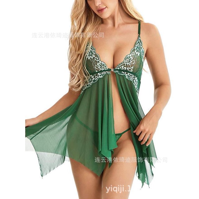 Pijama de lencería sexy multicolor de encaje europeo y americano perspectiva de dobladillo falda de tirantes con abertura frontal irregular verde XL LingWen 1327537342205