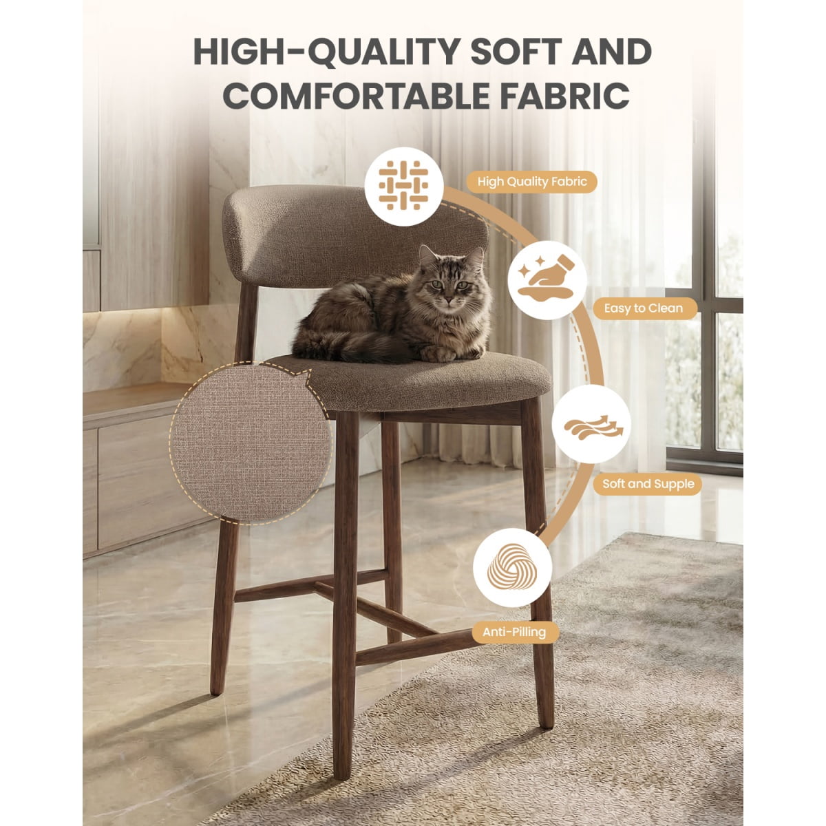 EOP Modern Bar Stools Set of 2, Upholstered 25.59″ Counter Height Bar Stools, Kitchen Island Barstools with Wood Legs for Kitchen Island Dining Room Bar, Camel