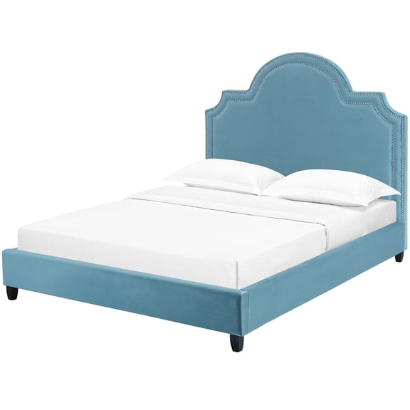 Modern Contemporary Urban Design Bedroom Queen Size Platform Bed Frame, Velvet Fabric, Blue