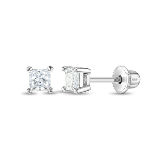 925 Sterling Silver 3mm Square Solitaire CZ Stud Screw Back Earrings Toddlers