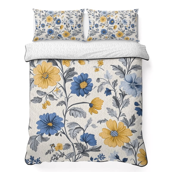 Twin Quilt Bedding Set, Abstract Blue Yellow Flower Soft Microfiber Summer Bedspread Coverlet with 2 Pillow Shams for All Season, Country Vintage Botanical Breathable Bedding Set for Hot Sleepers
