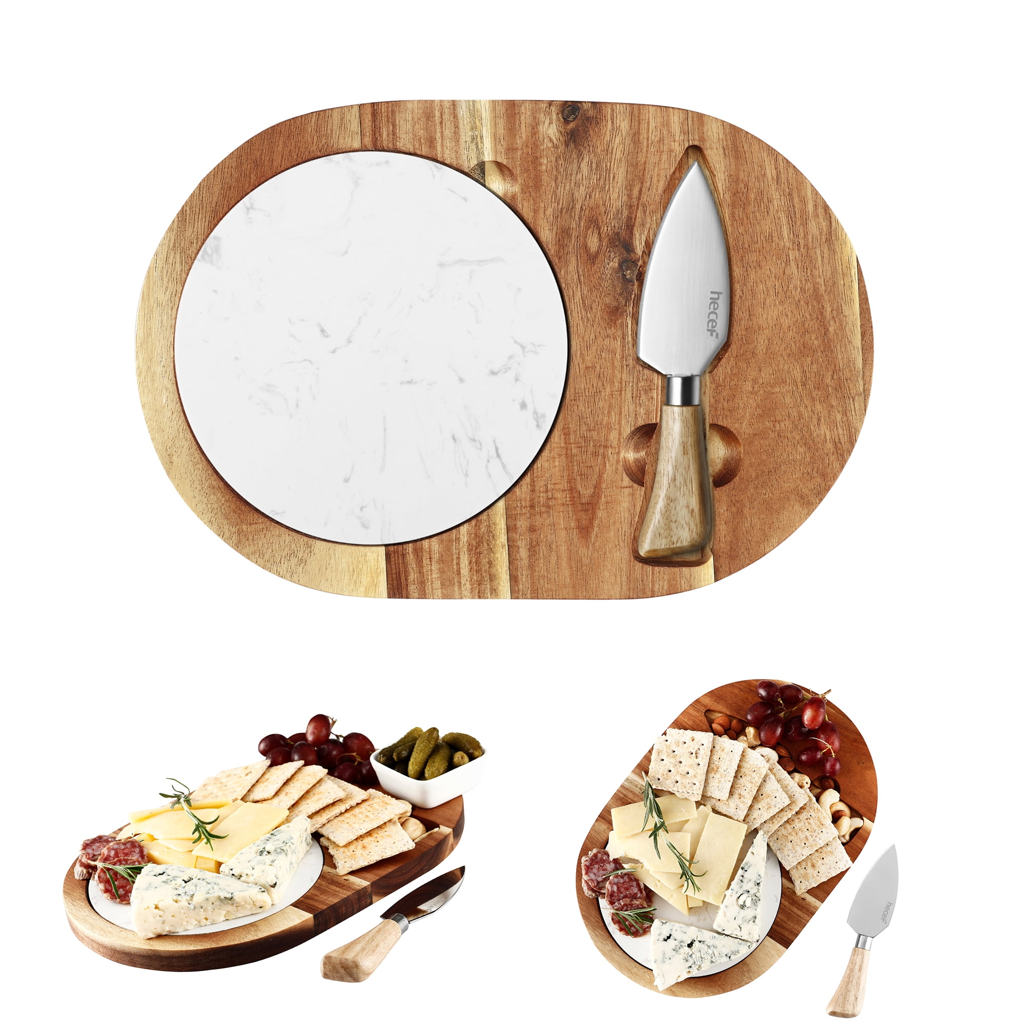 Hecef Cheese Board with Marble and Knife Premium Acacia Wood Charcuterie Serving Tray Housewarming Gift