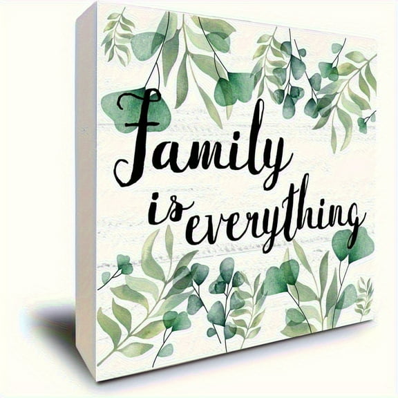 Sage Green "Family Is Everything" Wooden Box Sign - Farmhouse Style 5x5in Decor for Kitchen, Bathroom, Tabletop, or Shelf | Rustic Family Quote Display