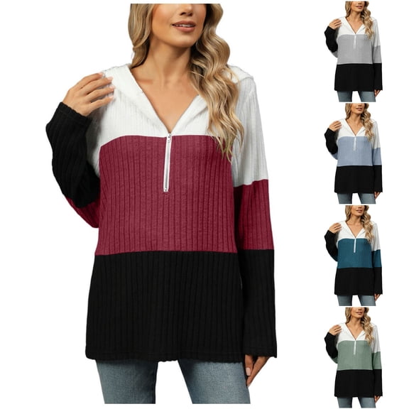Ashirexll Zip Up Hoodie Women Womens Hoodies Pullover Winter Tops Womens Long Sleeve Tops Casual Loose Contrast Hooded Zip Up Long Sleeve Blouse Fall Winter