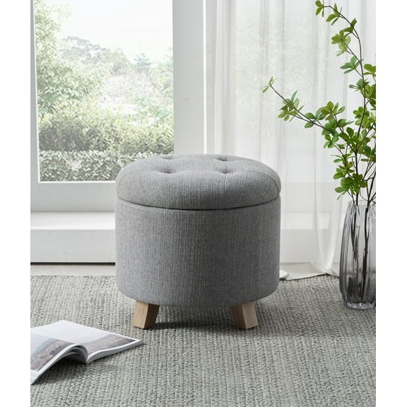 Better Homes & Gardens Round Tufted Storage Ottoman, Gray Faux Linen