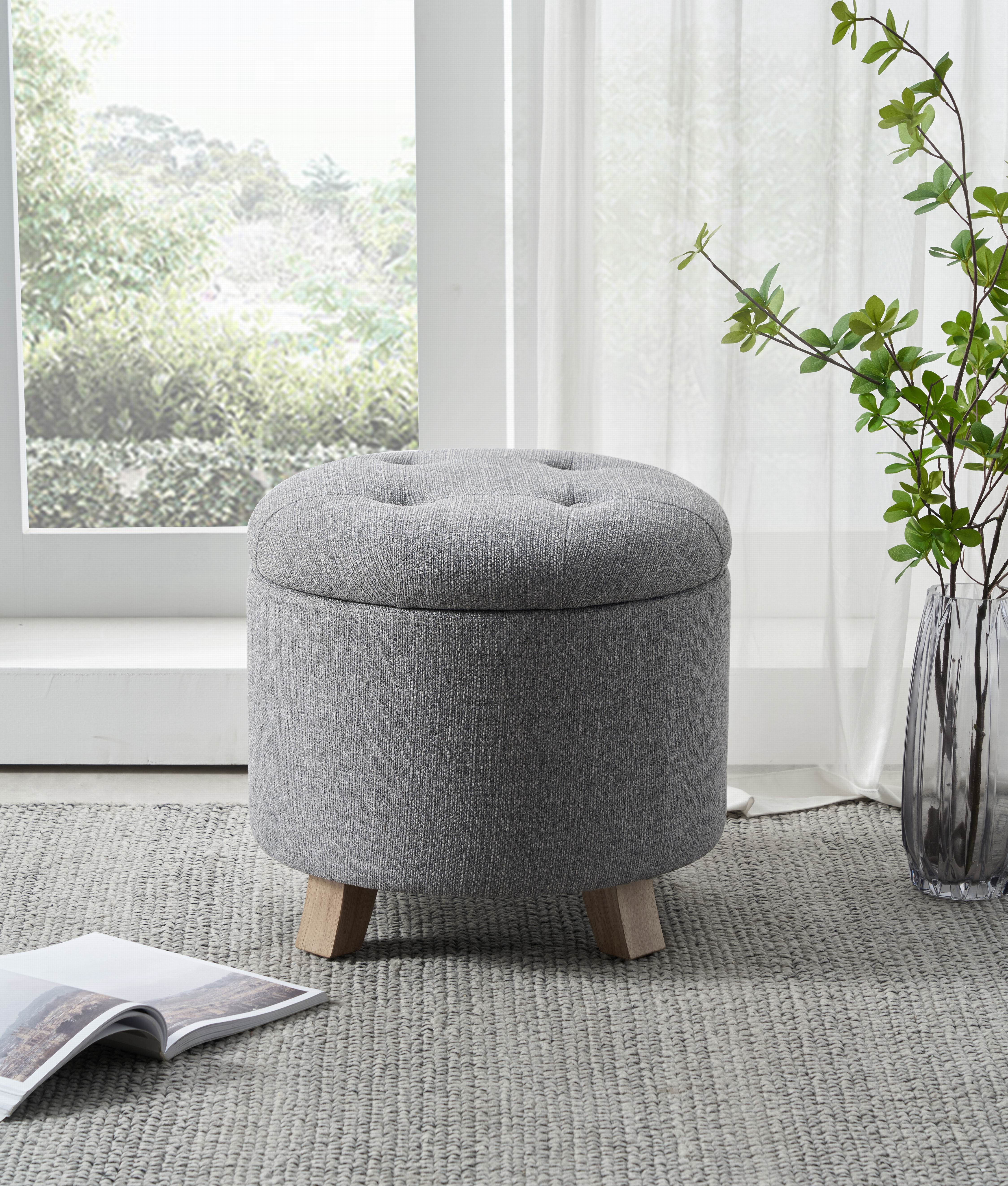 Better Homes & Gardens Round Tufted Storage Ottoman, Gray