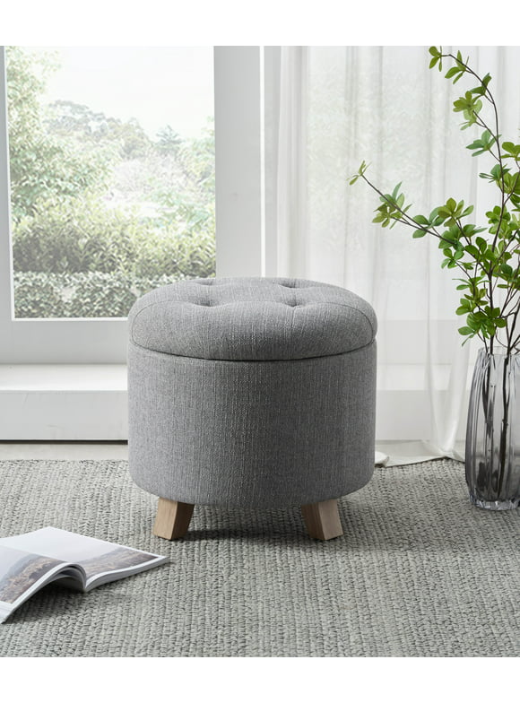 Better Homes & Gardens Round Tufted Storage Ottoman, Gray Faux Linen