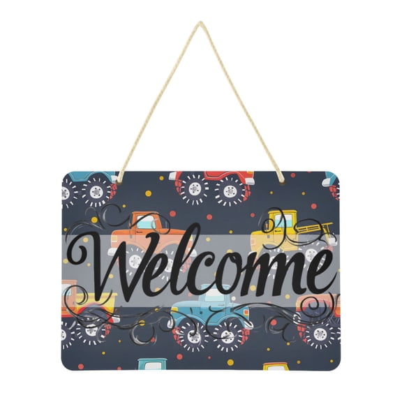 Welcome Sign for Front Door Farmhouse Wall Porch Fall Home Outside Indoor Christmas Decor 14"x10" PVC Hand Paint Monster Trucks
