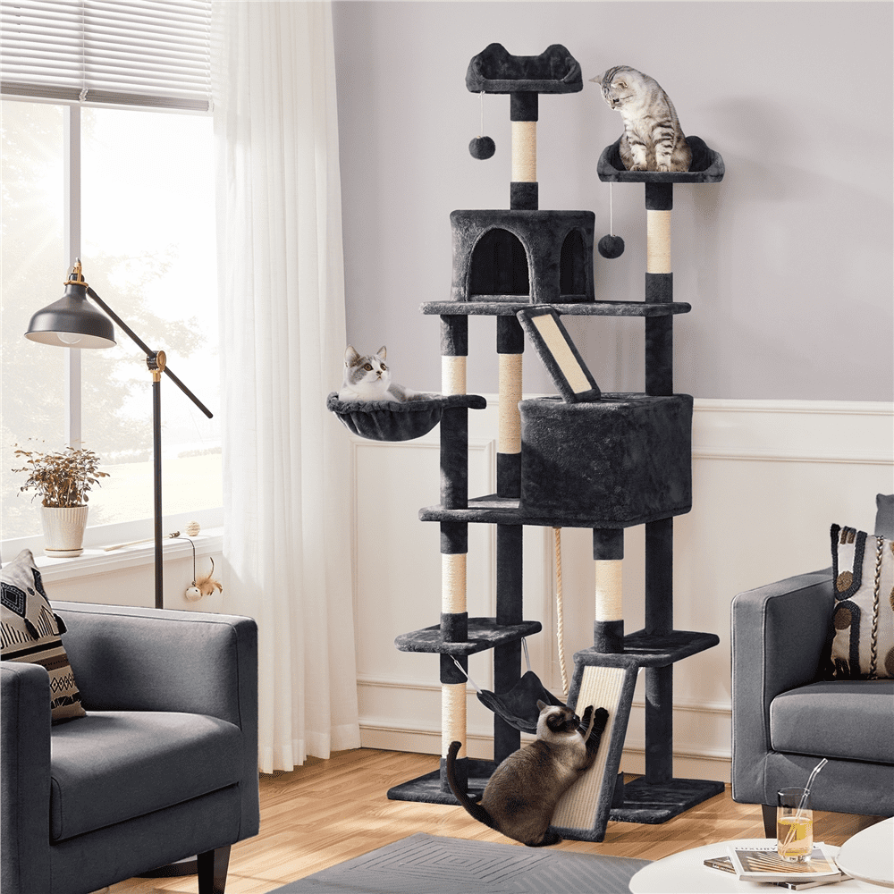 Alden Design 82.5" H Multi Level Cat Tree with 2 Cozy Condos and Basket, Black