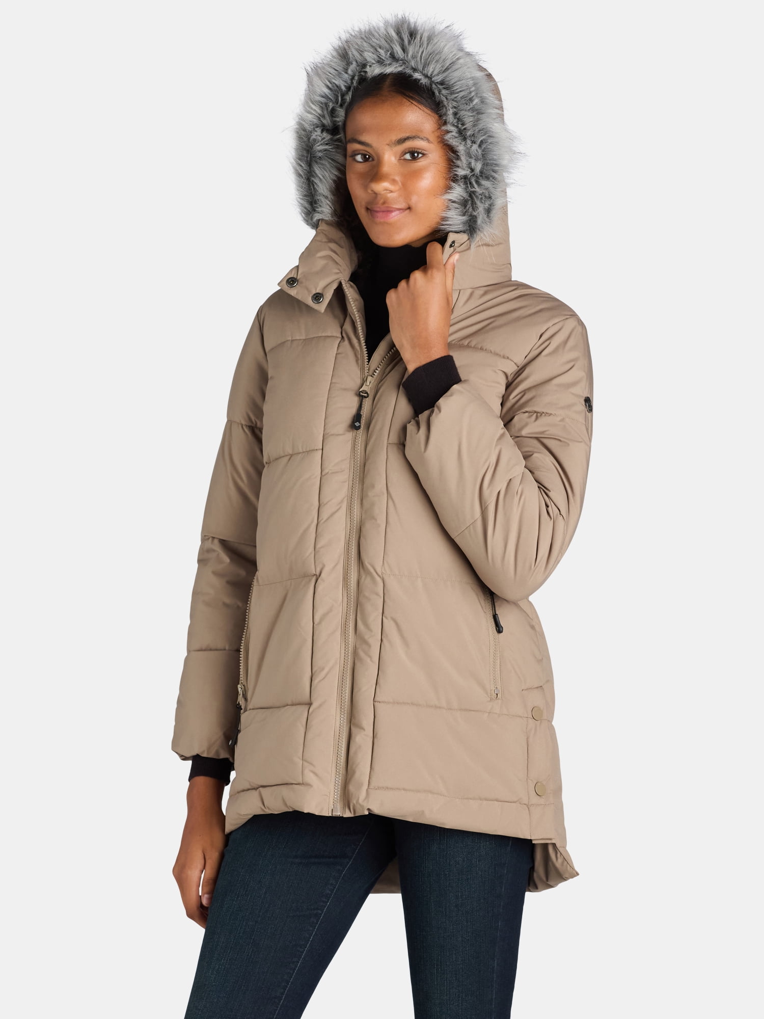 Big Chill Women's and Women's Plus Wide Quilted Puffer Coat with Faux Fur Trim Hood, Sizes S-3X