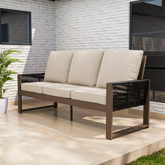COOS BAY Outdoor Patio Furniture, Natural Cedar 3 Seater Sofa, Modern Solid Wood Armchairs with Cushion, Outdoor Sofa Set for Garden, Backyard, Beige