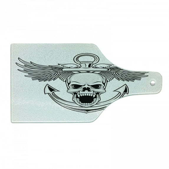 Anchor Cutting Board, Skull with Anchor and Eagle Wings Freedom Devil Sea Hunter Skeleton Myth Graphic, Tempered Glass Cutting and Serving Board, Wine Bottle Shape, Grey White, by Ambesonne