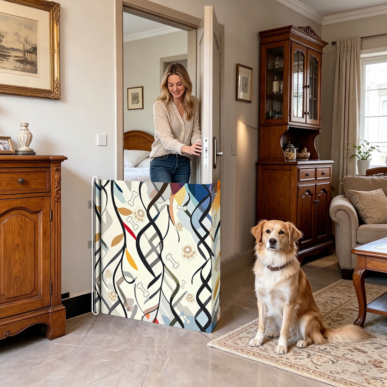 Pet Barrier No Drill Dog Cat Safety Gate Cute Retractable Roll-Up Fence for Small to Medium Pets Doorway Stair