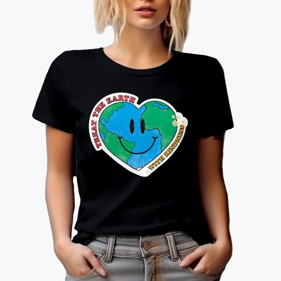 Treat the Earth with Kindness, Smiling Heart, Earth Day & Environmentalist Merch Gift, Black T-Shirt, Small