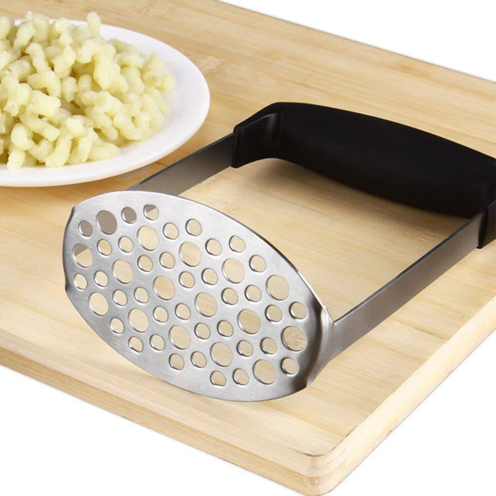 Carrots and Fruits Somine Potato Masher Stainless Steel with Ergonomic Handle and Wide Base ¨C Multifunctional Hand Mashed Ricer with Fine-Grid Plate for Smooth and Mash Cooked Potatoes 