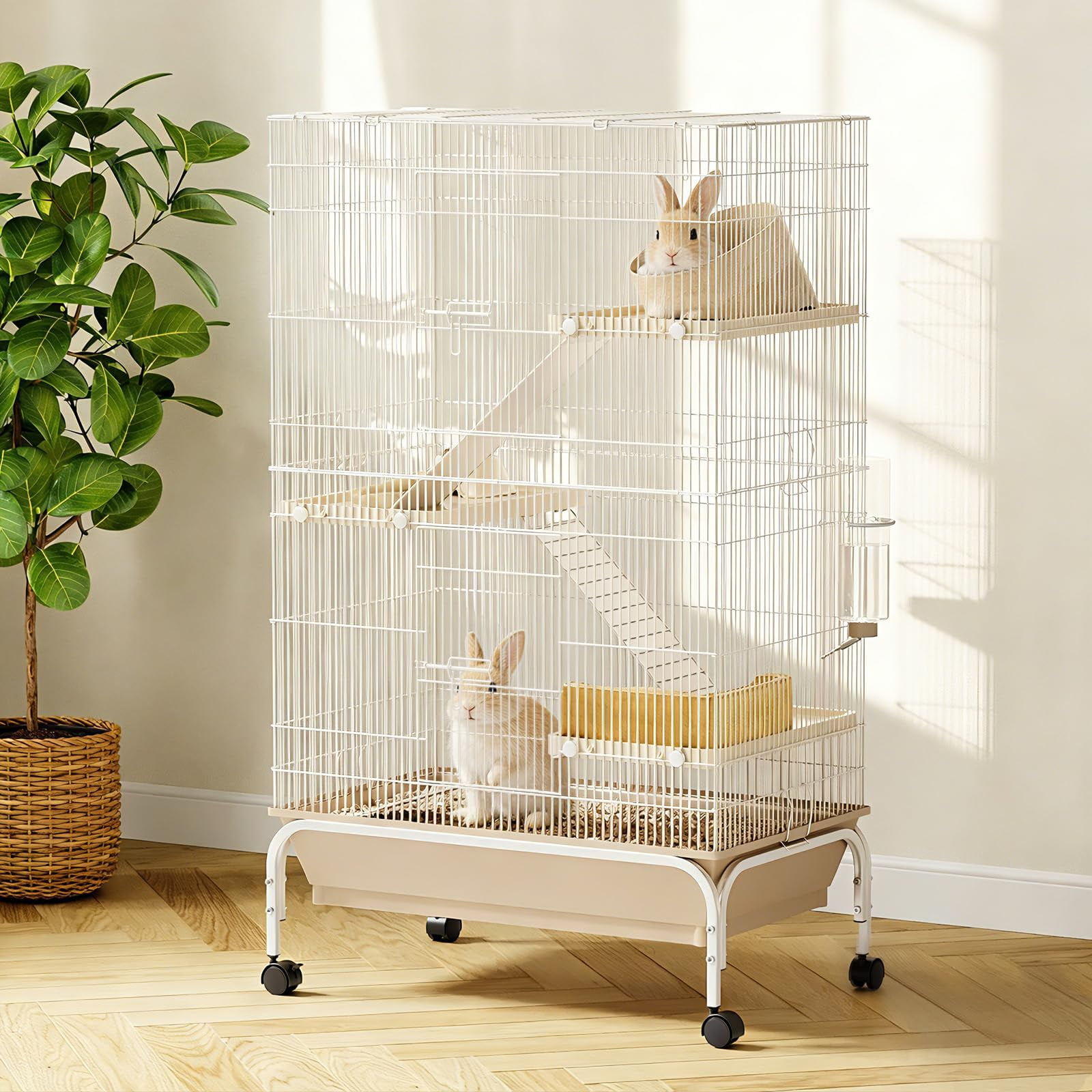 QinaQin 48 Inch Small Animal Cage, 4 Tier Rolling Habitat with Ramps, Bottle and Bowl for Guinea Pigs, Ferrets or Rabbits