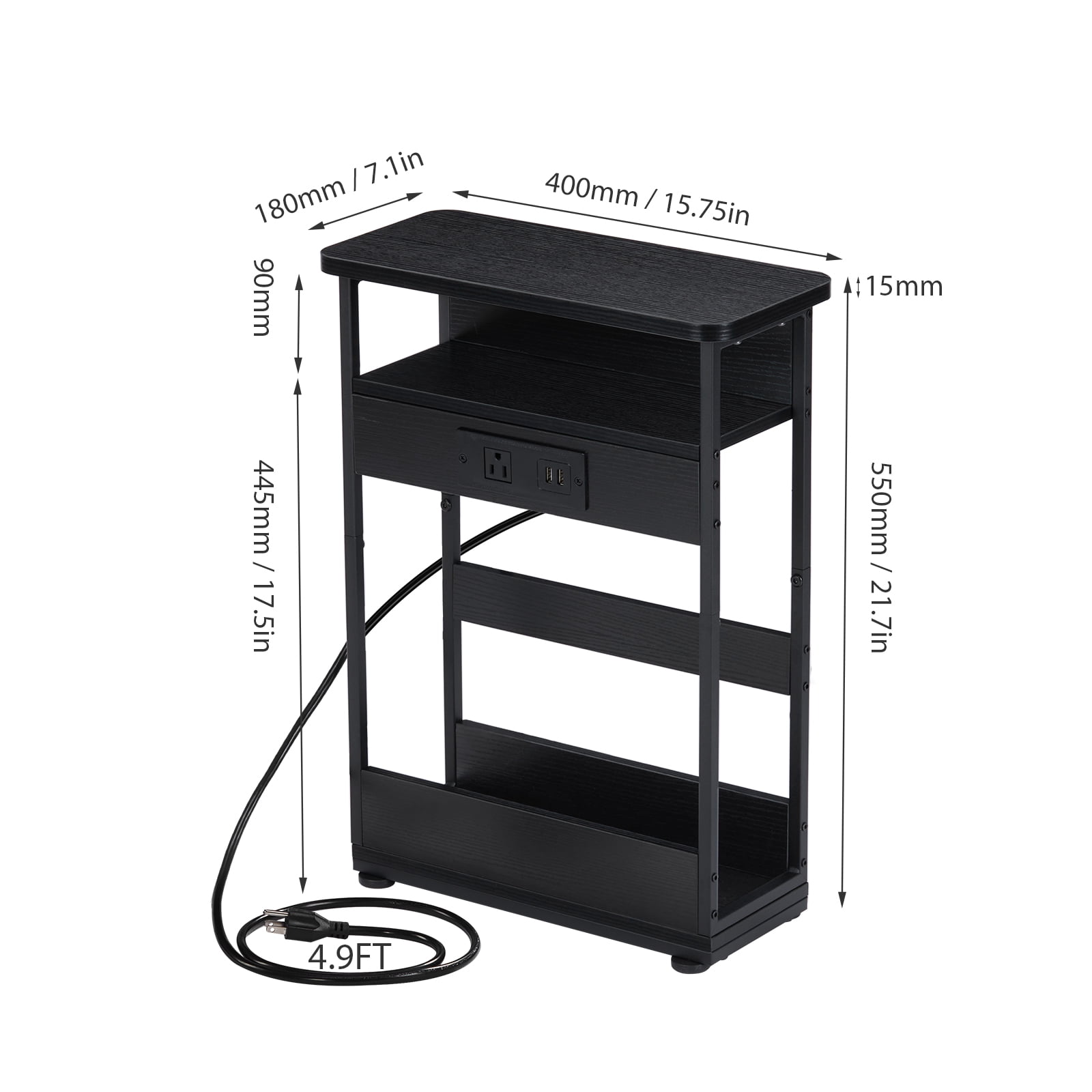 Narrow Side Table with Charging Station, 3 Tier Slim End Table with Storage Shelf for Small Spaces, 21.6 Inch Height Thin Tables Small Nightstand Magazine Rack for Living Room,Black