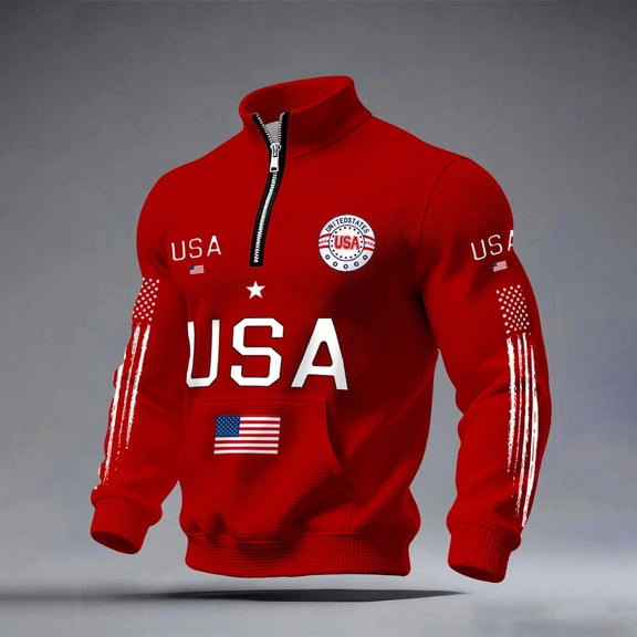 Dwelliawo 1/4 Zip Men's Usa Flag Waffle Sweatshirts Anniversary 250th Anniversary 1776-2026 Usa Flag Patriotic Graphic Sweatshirts Patriotic Casual Shirt Sweatshirt Red M
