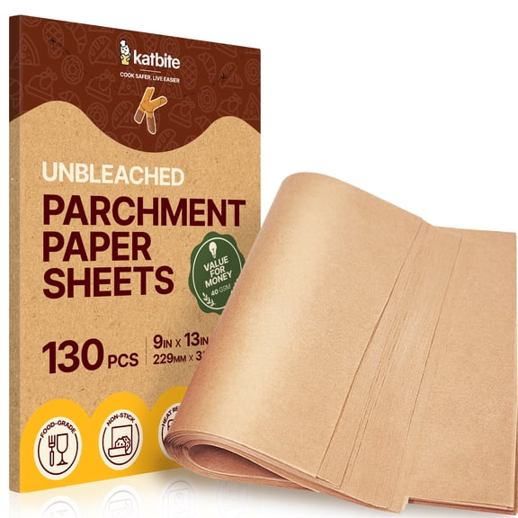 Katbite 130 Pcs 9x13 Inch Unbleached Parchment Paper Sheets, Non-Stick, Balanced Series