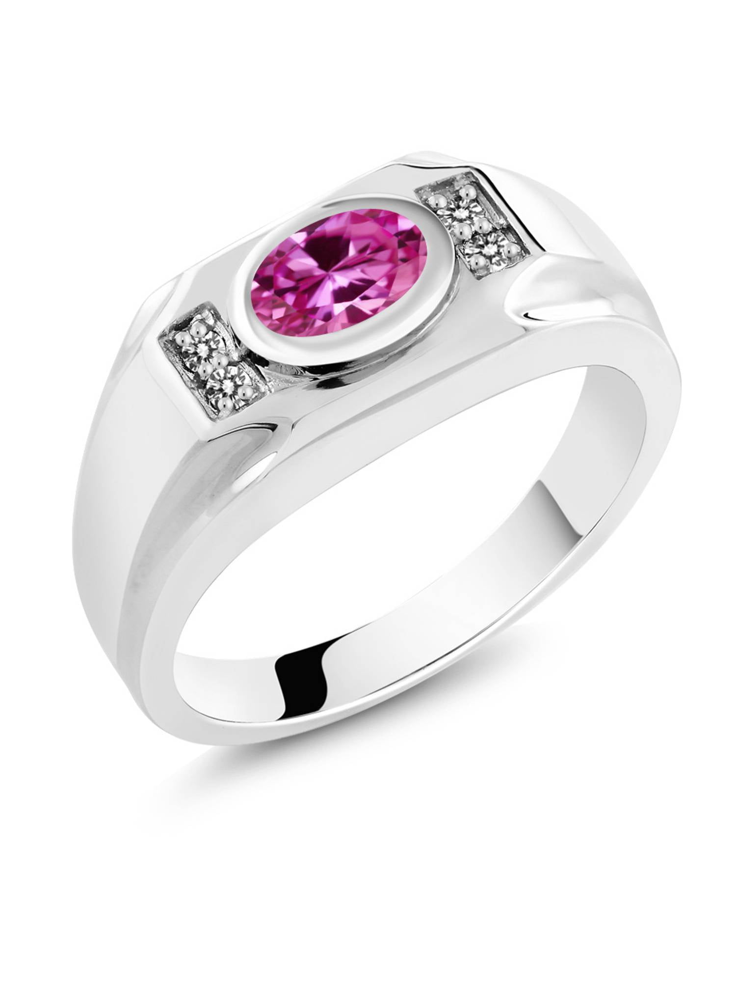 Gem Stone King 1.78 Ct Oval Pink Created Sapphire White Diamond 925 Sterling Silver Mens Ring