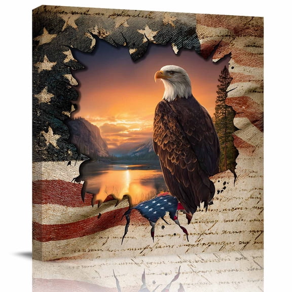 Wall Art Prints, Independence Day Framed Canvas Prints for Bedroom Living Room Bathroom Office, Rustic American Flag Eagle Nature Scenery Gallery Wrap Wall Art Poster for Gifts Home Decor 12"x12"