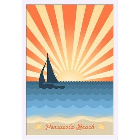 Pensacola, Florida - Beach Scene with Rays & Sailboat - Lantern Press Artwork (24x36 Giclee Art Print, Gallery Framed, White Wood)