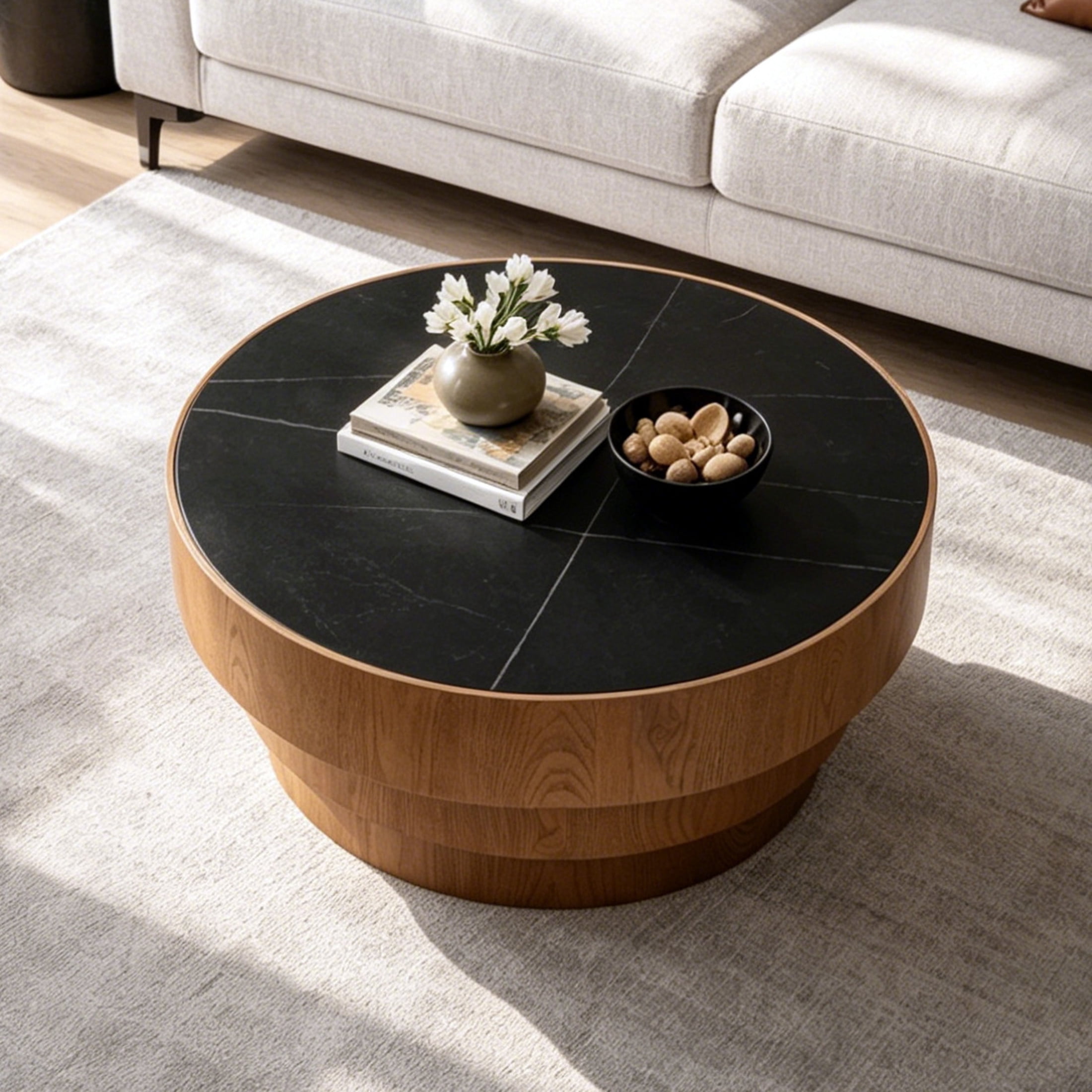 Noble House Carlen 31.5" Round Sintered Stone Coffee Table with Tiered Wood Veneer Base for Living Room, Black & Walnut