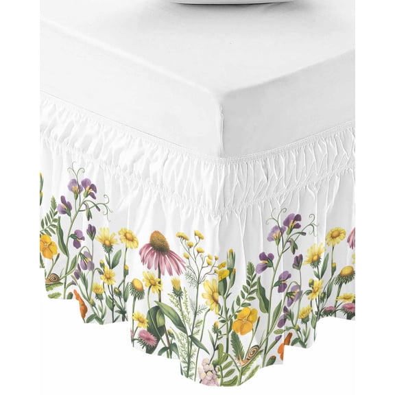 Spring Floral Bed Skirt Queen Size 18 Inch Drop, Wrap Around Bed Skirts, Green Yellow Botanical Elegant Pastoral Elastic Bedskirt Pleated Bed Frame Cover Luxurious Dust Ruffle for Queen Bed